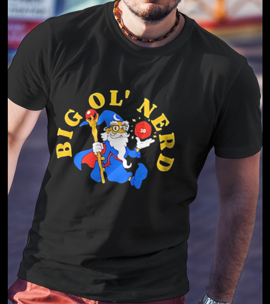 Big Ol Nerd Wizard Holding D20 Dice Staff Glasses Blue Robe Red Cape T-Shirt
