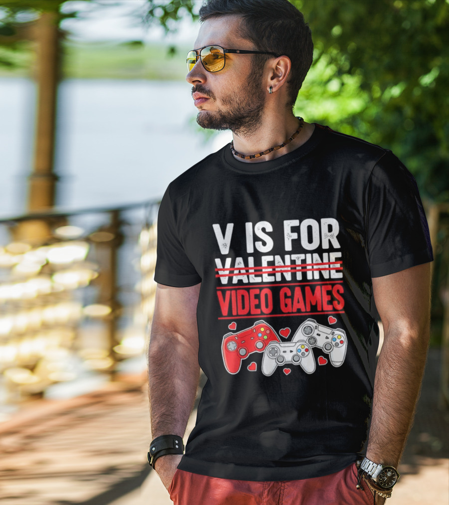 V Is For Video Games Valentines Controllers Hearts T-Shirt