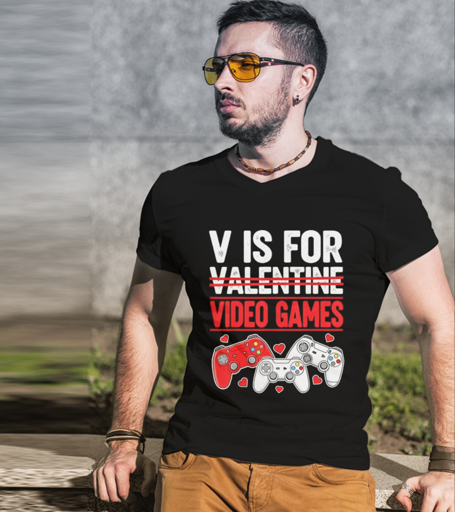 V Is For Video Games Valentines Controllers Hearts T-Shirt