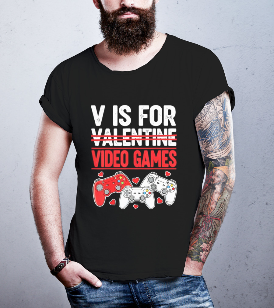 V Is For Video Games Valentines Controllers Hearts T-Shirt