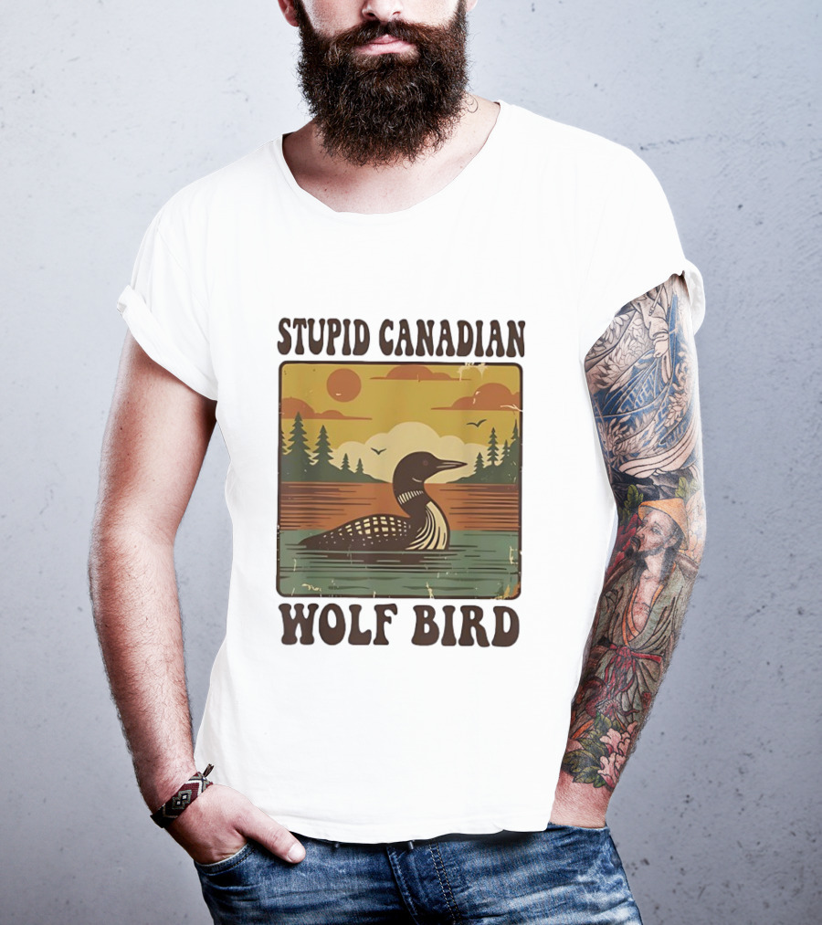 Stupid Canadian Wolf Bird Vintage Sunset Retro Lake Scene T-Shirt