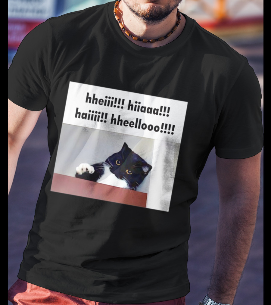 Cat Says Hheiii Hiiaaa Haiiii Hheellooo Playful Greeting T-Shirt