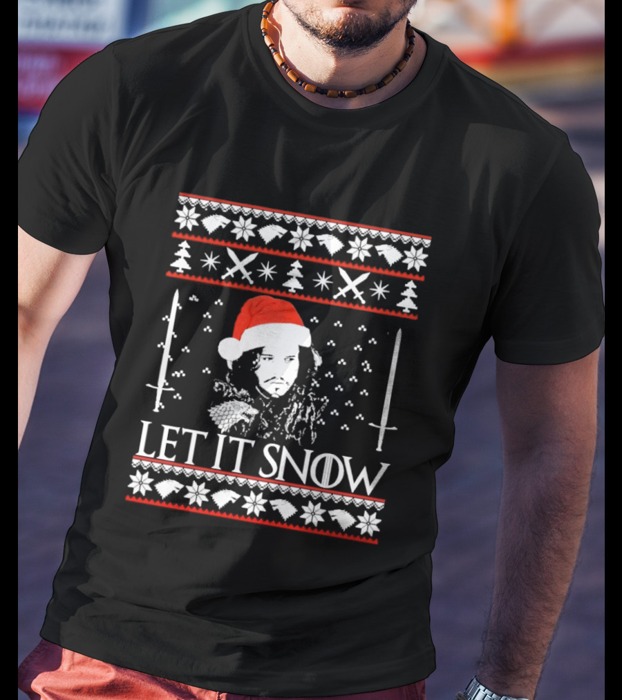 Let It Snow Christmas Ugly Sweater Santa Hat Swords Snowflakes Trees T-Shirt