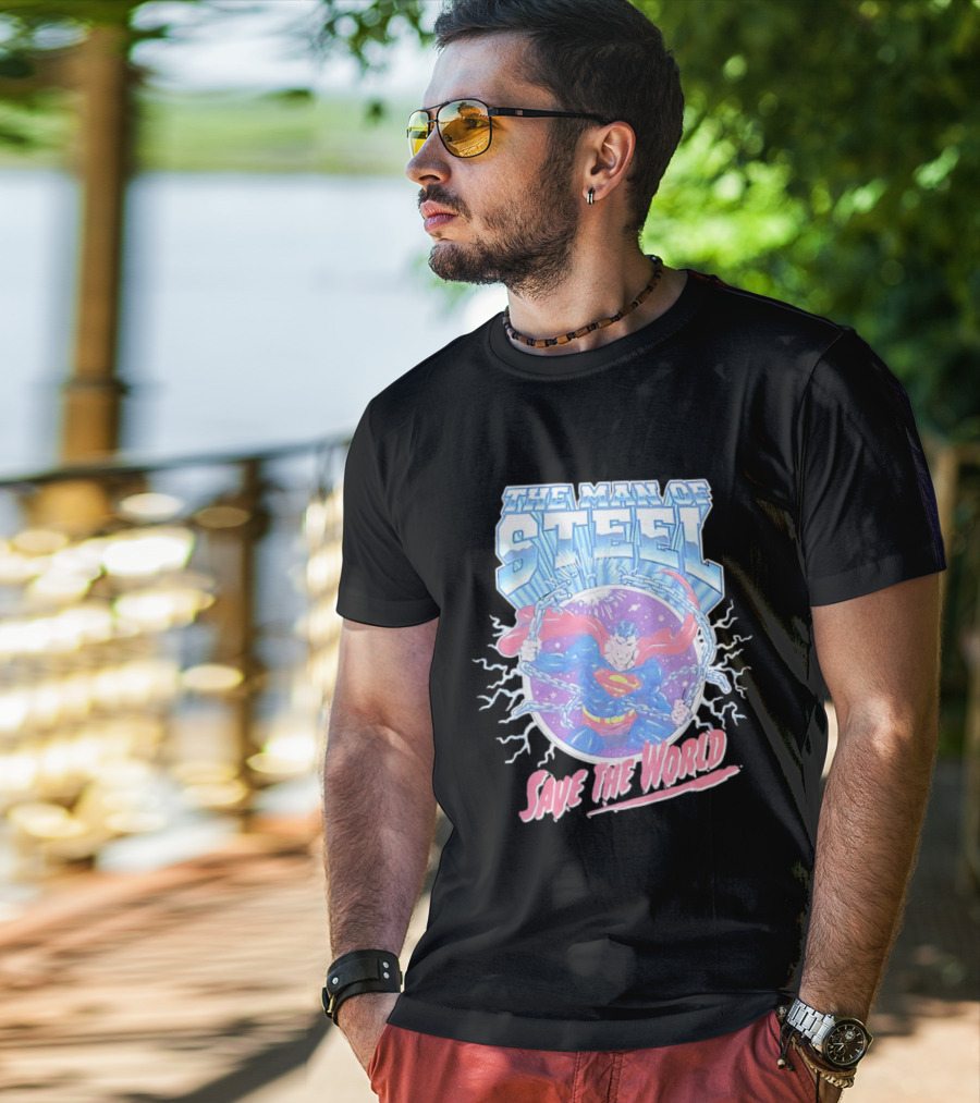 The Man Of Steel Save The World Lightning Superhero Iconic T-Shirt
