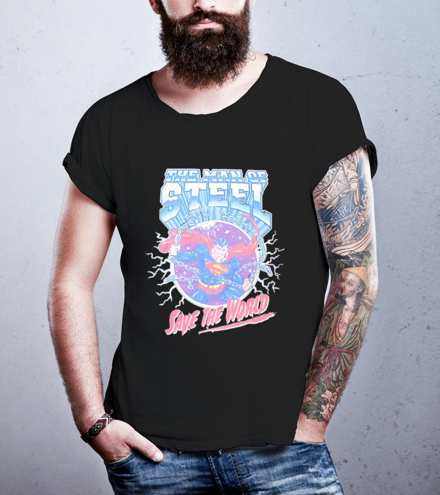 The Man Of Steel Save The World Lightning Superhero Iconic T-Shirt