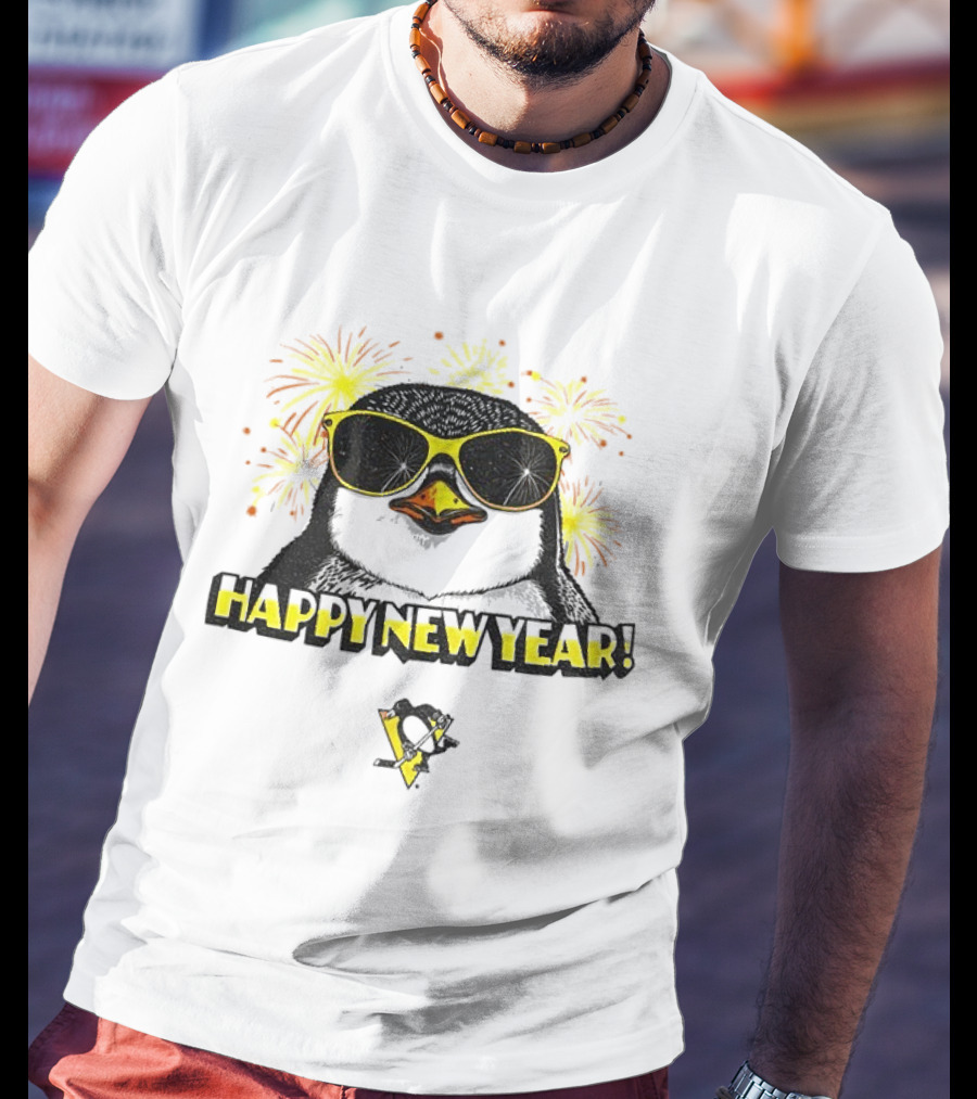 Pittsburgh Penguins Happy New Year Penguins Logo Fireworks Celebration Yellow T-Shirt