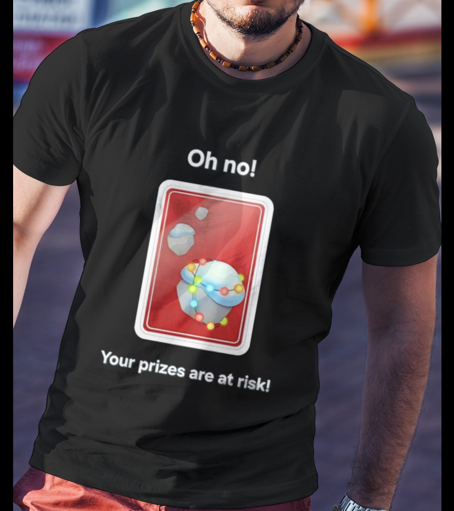 Oh No Your Prizes Are At Risk Christmas Card With Snowy Rocks And Colorful String Lights T-Shirt