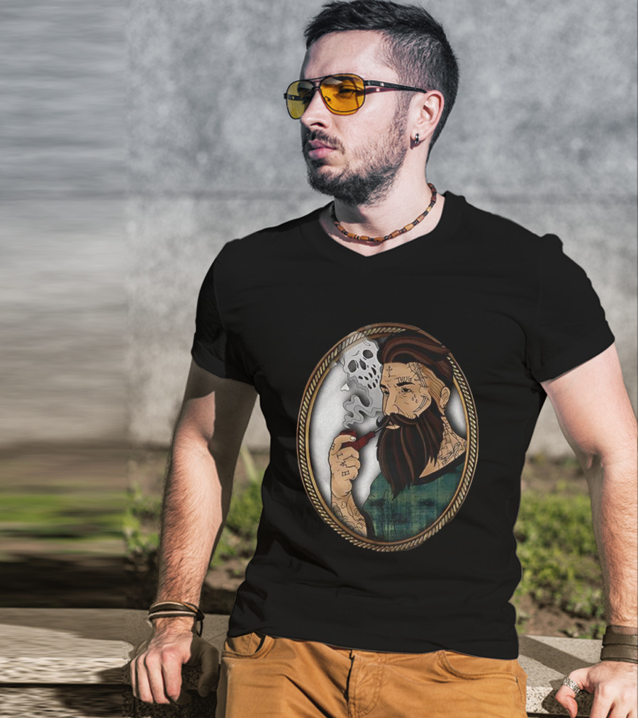 Old School Tattooed Man Smoking Pipe Retro Cartoon Image T-Shirt