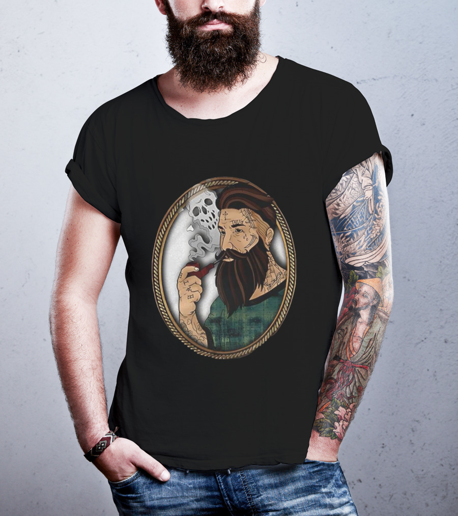 Old School Tattooed Man Smoking Pipe Retro Cartoon Image T-Shirt