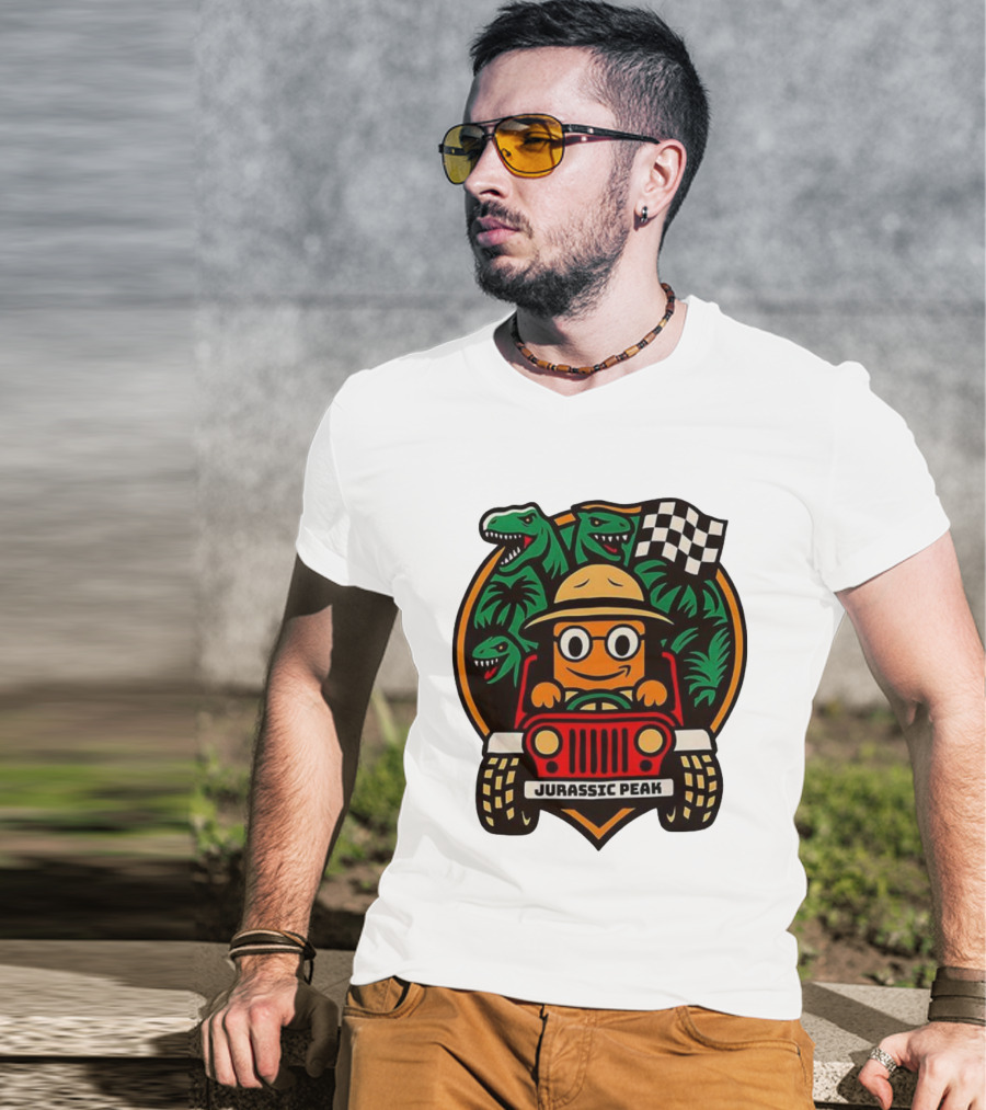 Jurassic Peak Safari Adventure Cartoon Dinosaurs Driving Explorer T-Shirt
