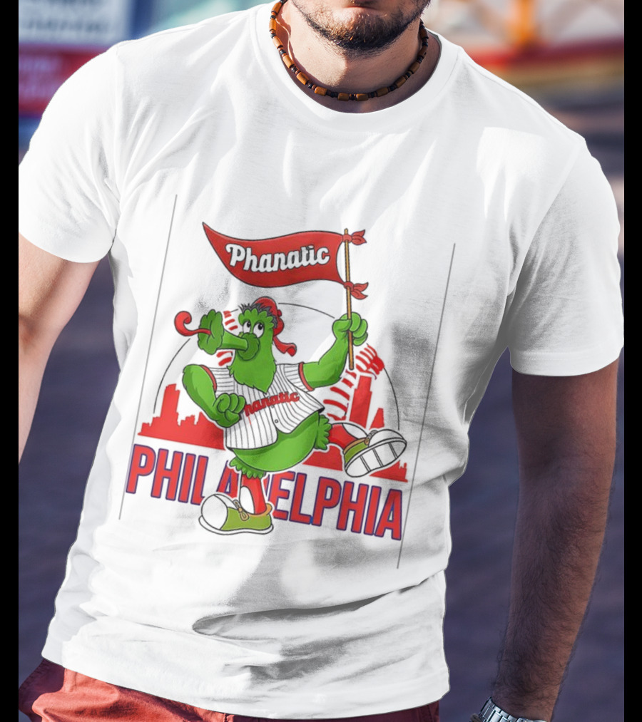 Phillie Phanatic Philadelphia Phillies Mascot Dancing With Skyline And Flag T-Shirt