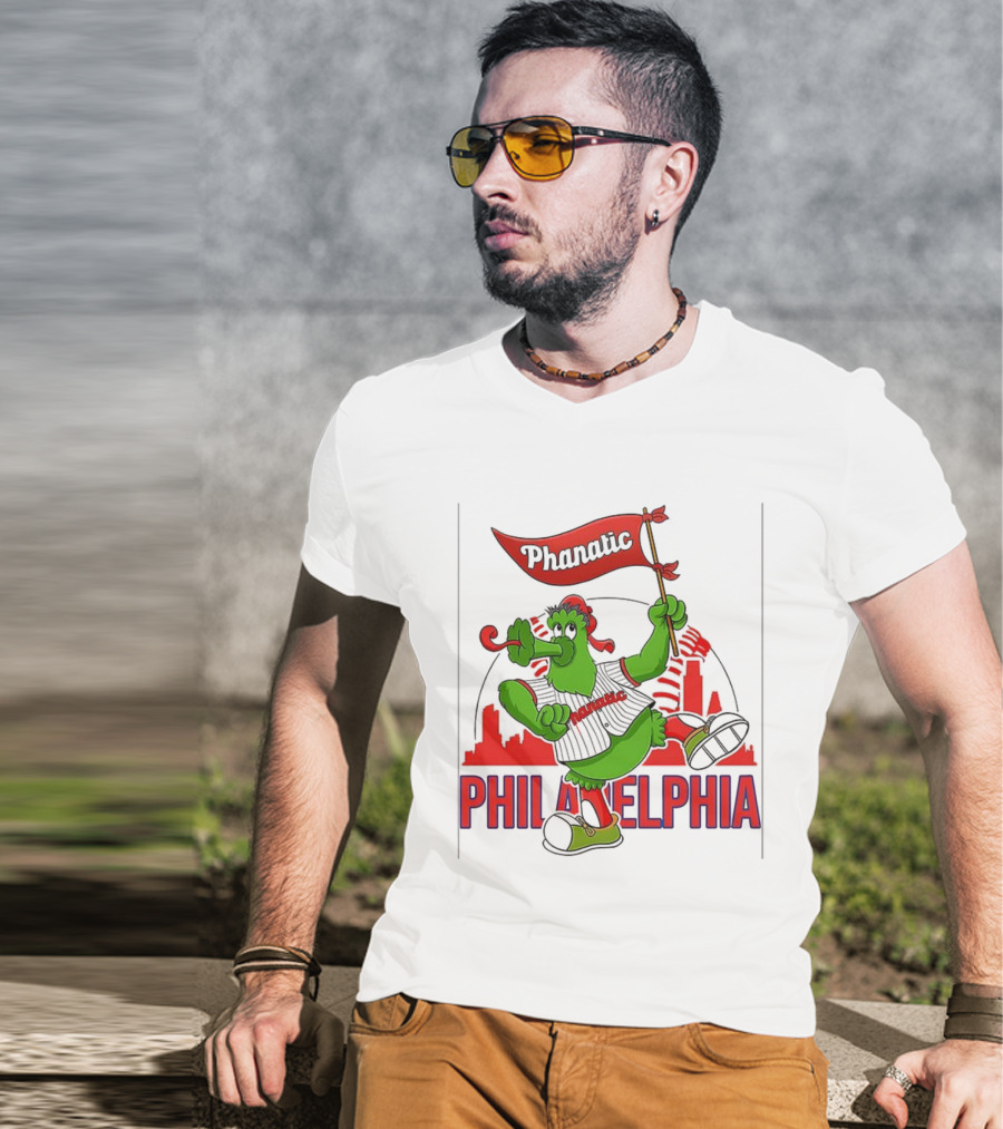 Phillie Phanatic Philadelphia Phillies Mascot Dancing With Skyline And Flag T-Shirt