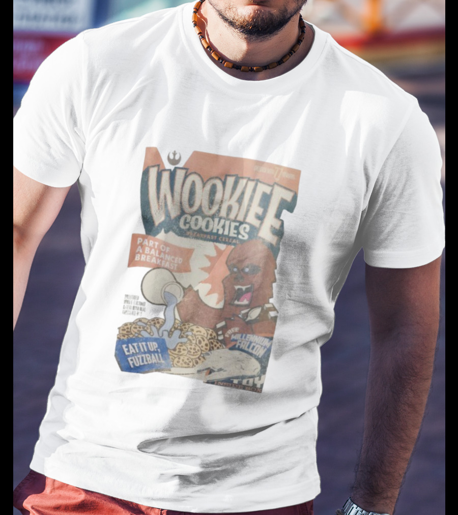 Wookiee Cookies Breakfast Cereal Eat It Up Fuzzball Free Millennium Falcon T-Shirt
