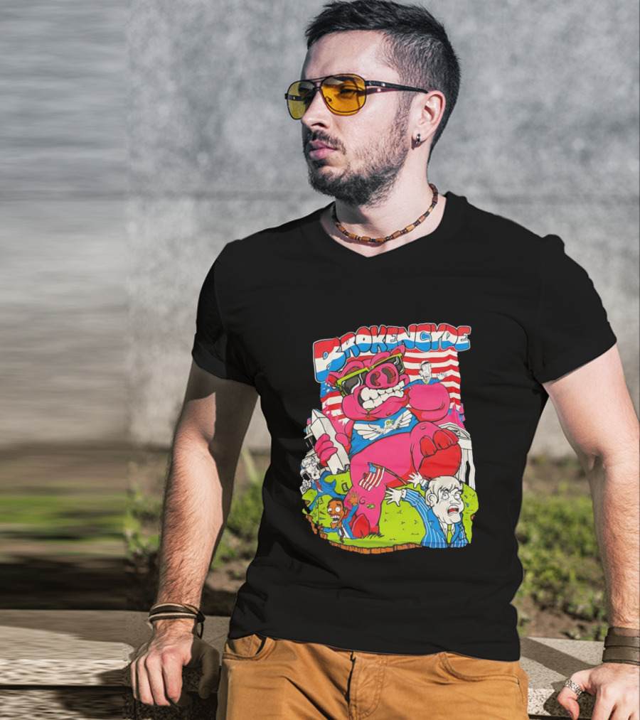 Brokencyde Pig Pink Cartoon Patriotic Characters Washington Monument T-Shirt
