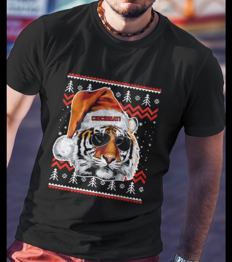 Cincinnati Santa Hat Tiger Ugly Christmas Vintage Football T-Shirt