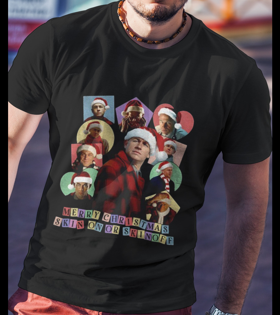 Merry Christmas Skin On Or Skin Off Santa Hat Collage T-Shirt