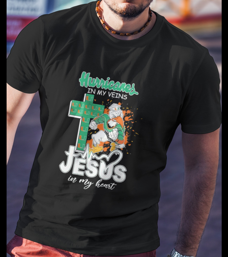 Hurricanes In My Veins Jesus In My Heart Cross Shape Miami Ibis T-Shirt