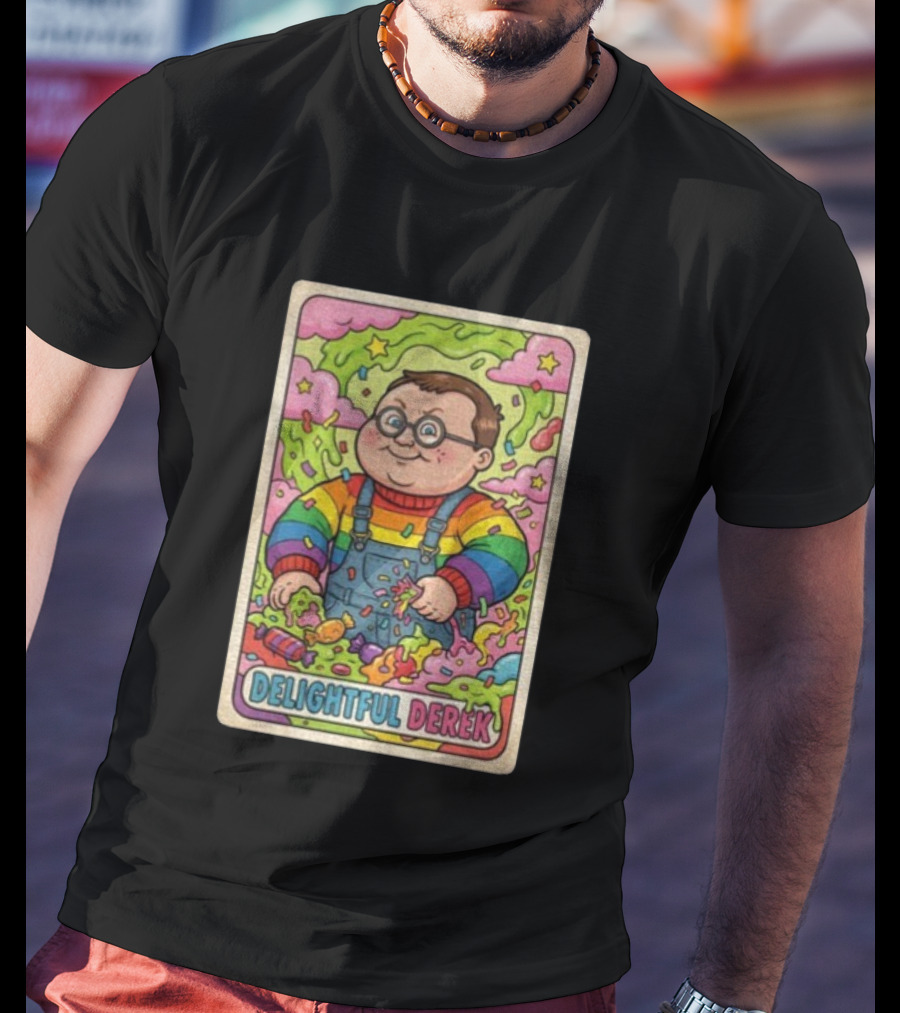 Delightful Derek Rainbow Cartoon Character In Vibrant 80s T-Shirt