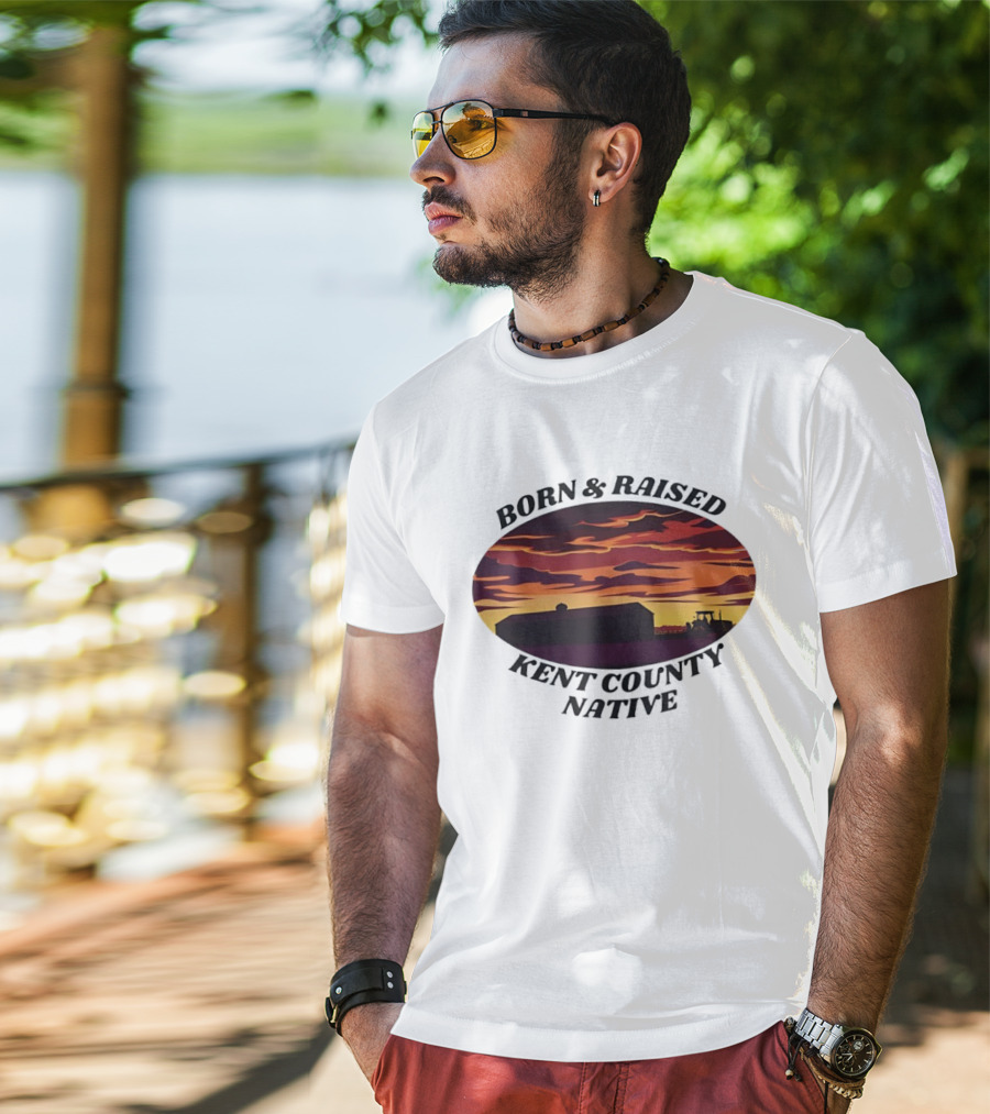 Born Raised Kent County Native Sunset Barn And Tractor Vintage Retro Landscape T-Shirt
