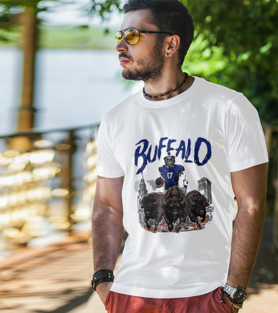 Buffalo Football Skeleton 17 With Charging Bison And City Skyline T-Shirt