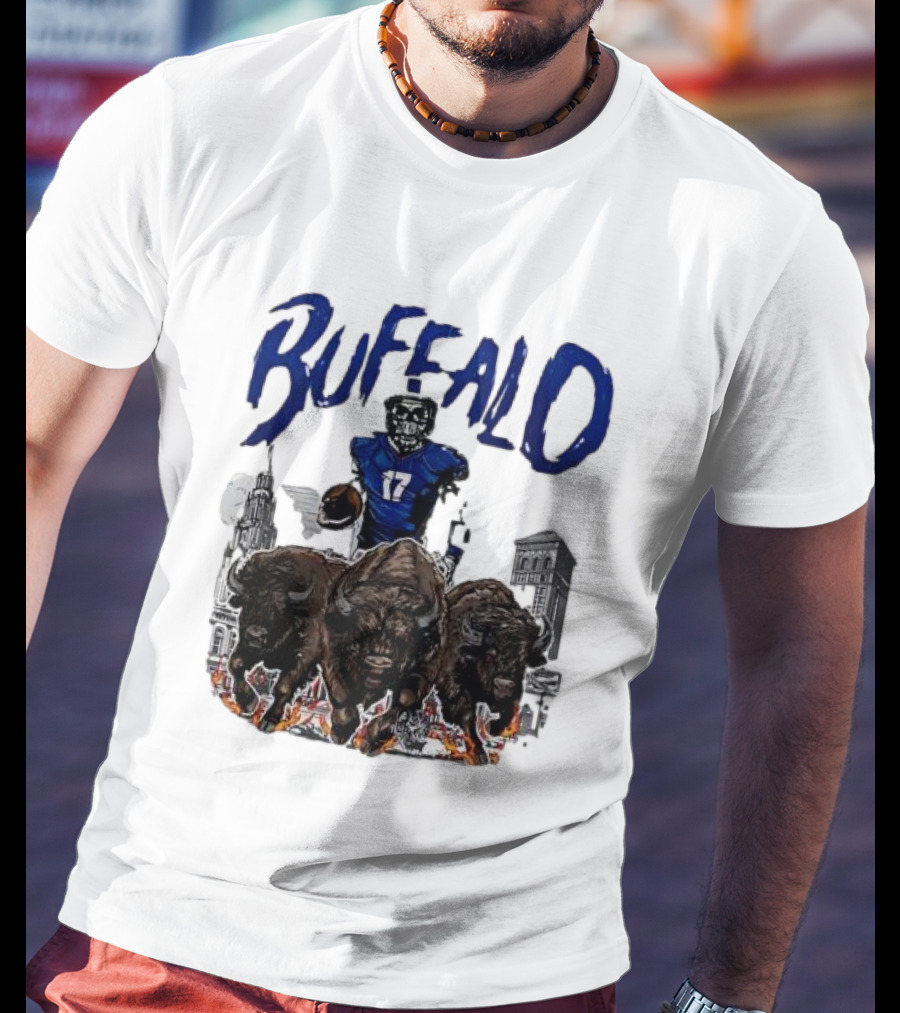 Buffalo Football Skeleton 17 With Charging Bison And City Skyline T-Shirt