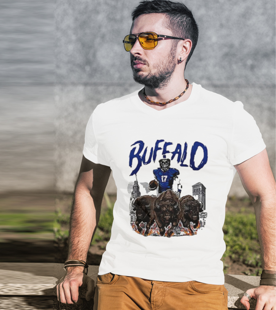 Buffalo Football Skeleton 17 With Charging Bison And City Skyline T-Shirt