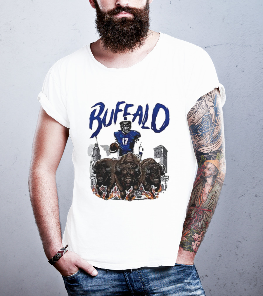 Buffalo Football Skeleton 17 With Charging Bison And City Skyline T-Shirt