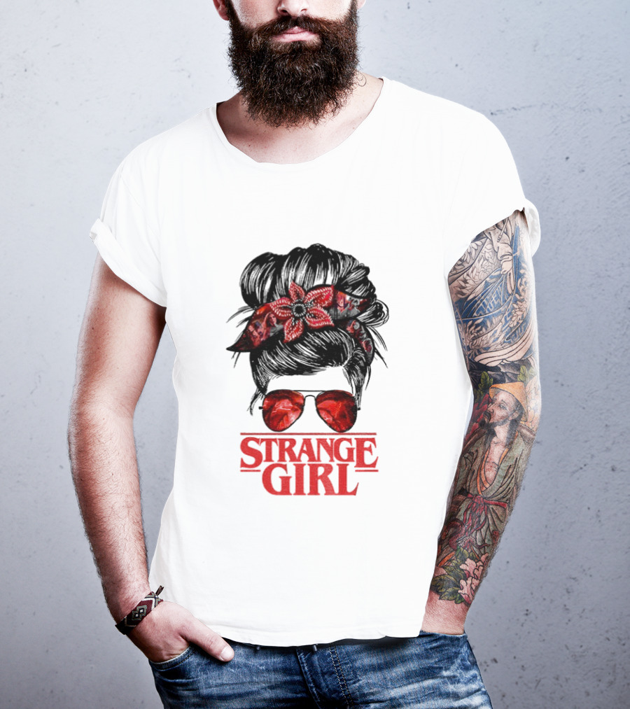 Strange Girl Red Floral Hair Scarf Messy Bun T-Shirt