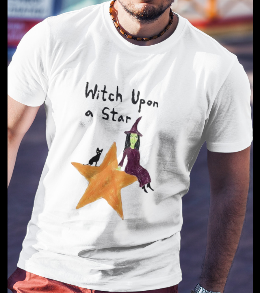 Witch Upon A Star Green Witch Purple Hat Orange Star Black Cat T-Shirt
