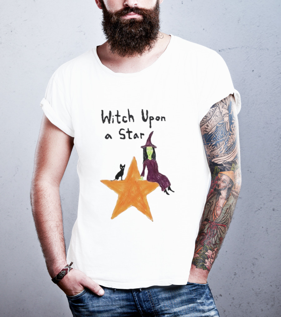 Witch Upon A Star Green Witch Purple Hat Orange Star Black Cat T-Shirt