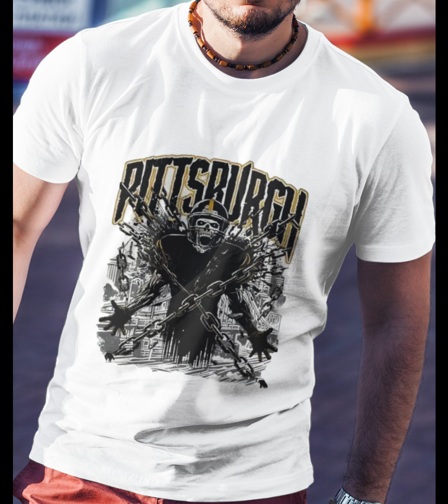 Pittsburgh Skeleton Breaking Chains Steel City Football T-Shirt