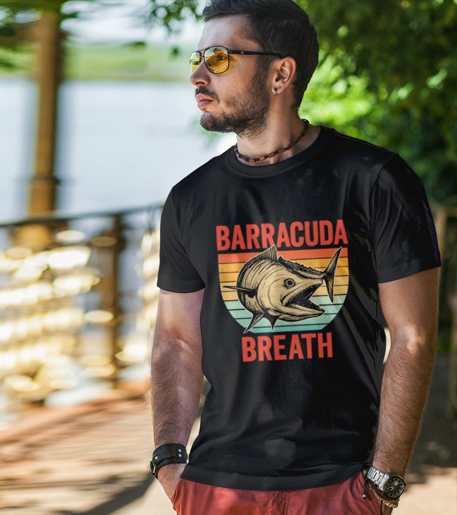 Barracuda Breath Funny Fishing Retro Vintage Stripes T-Shirt
