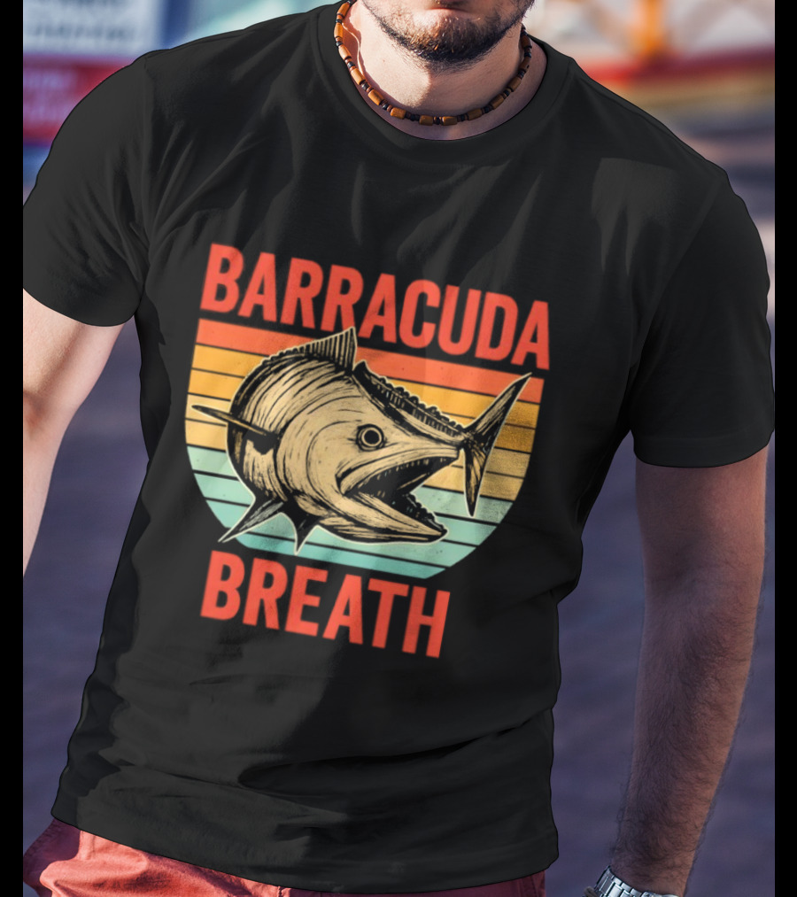 Barracuda Breath Funny Fishing Retro Vintage Stripes T-Shirt