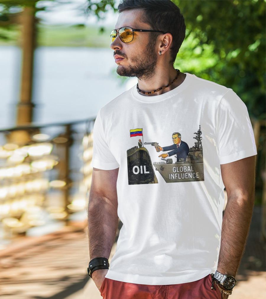 USA Venezuela Oil Conflict Political Satire Global Influence Cartoon Flags Gun Ship T-Shirt