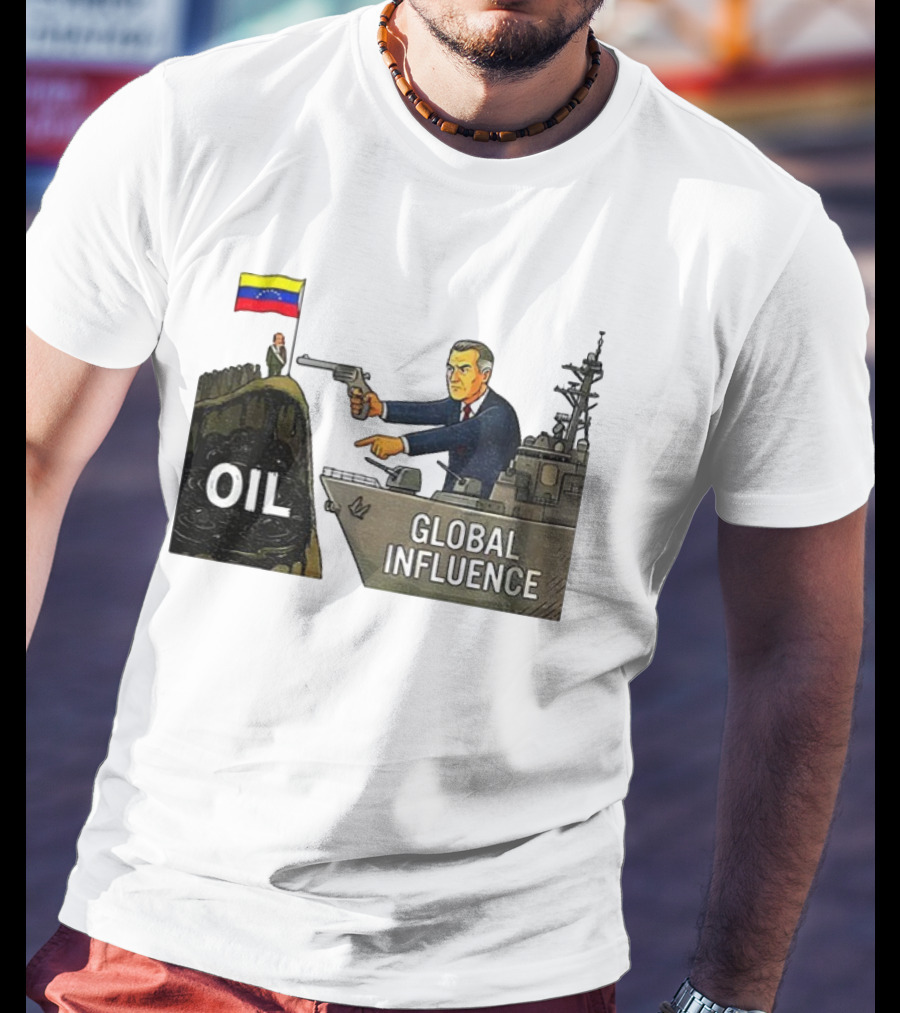 USA Venezuela Oil Conflict Political Satire Global Influence Cartoon Flags Gun Ship T-Shirt