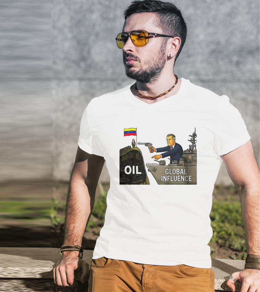 USA Venezuela Oil Conflict Political Satire Global Influence Cartoon Flags Gun Ship T-Shirt