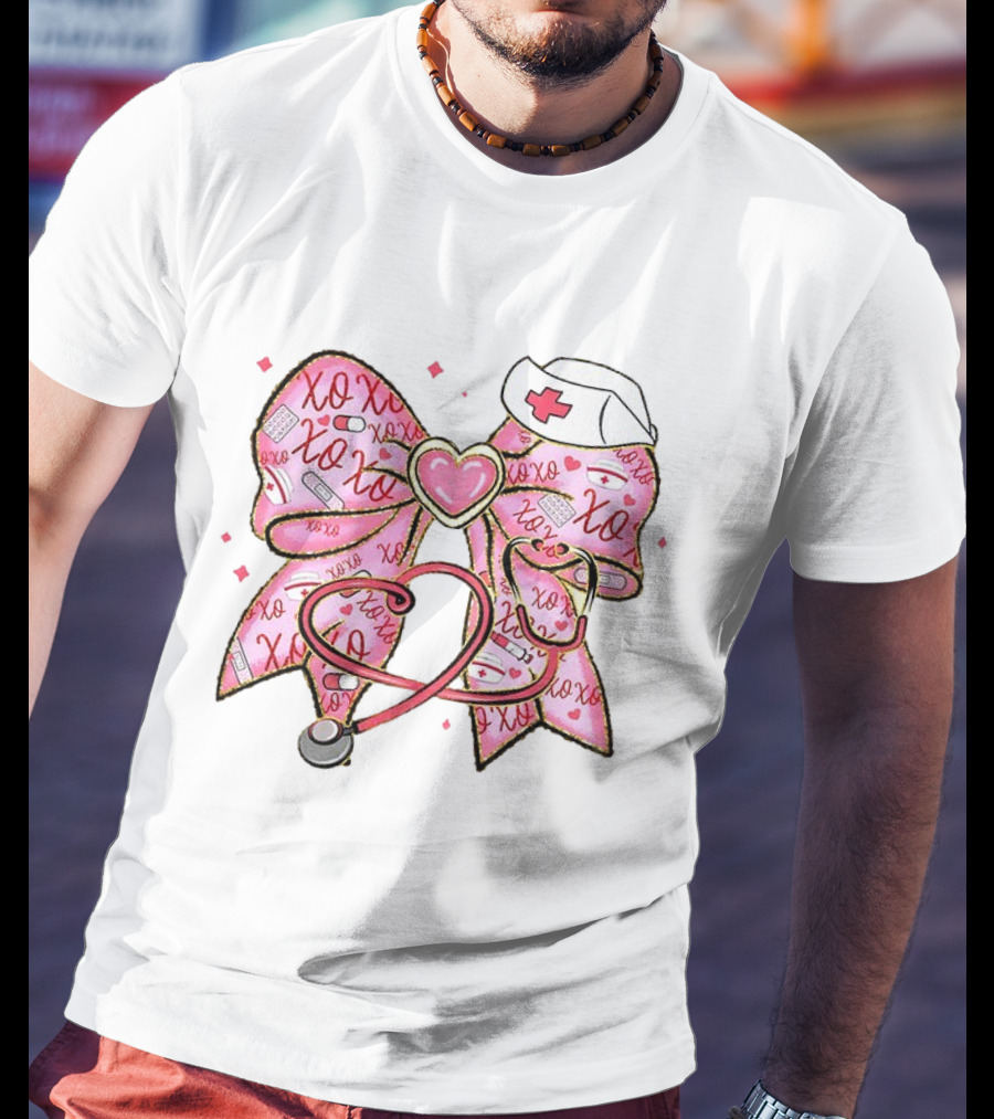 Valentine Nurse XOXO Heart Bow And Stethoscope T-Shirt