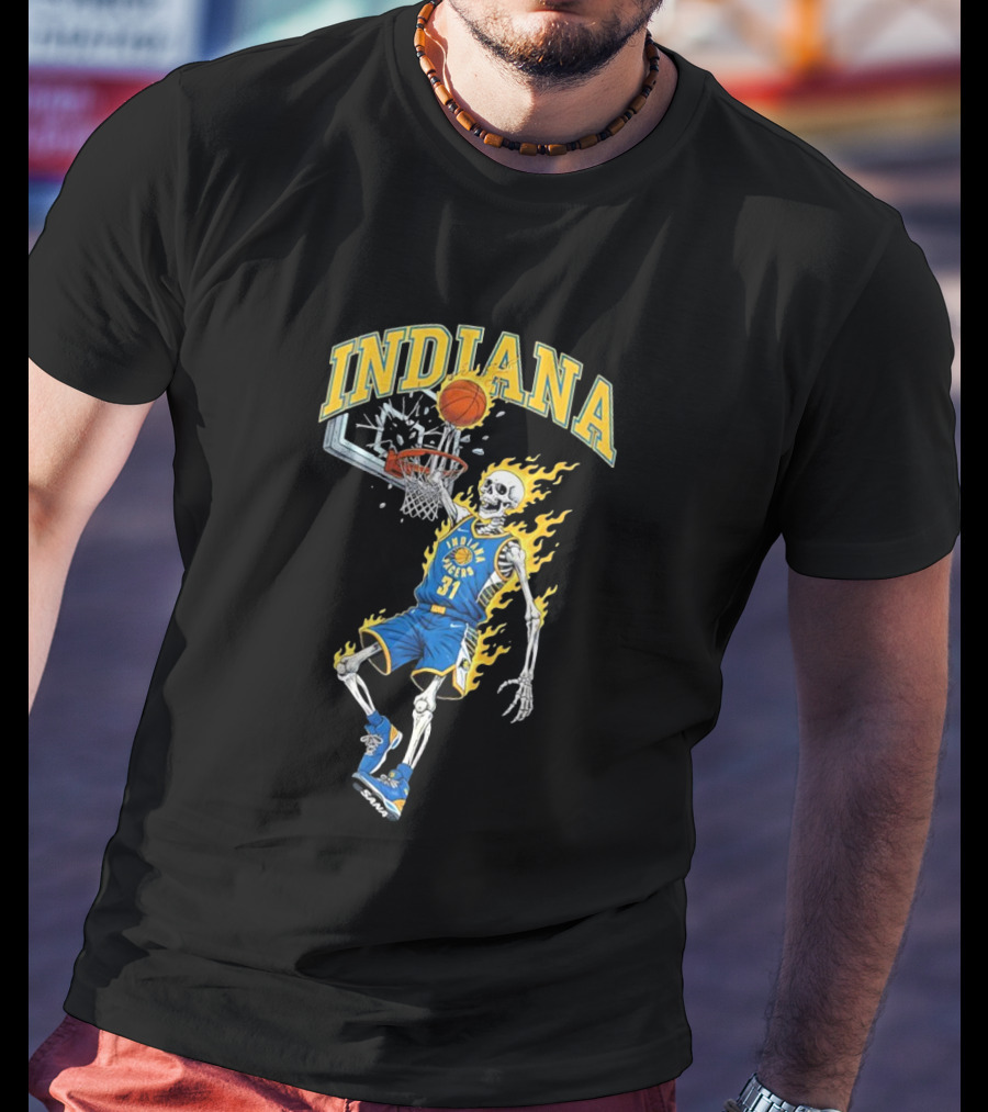 Indiana Pacers Skeleton Basketball Dunk In Flames T-Shirt