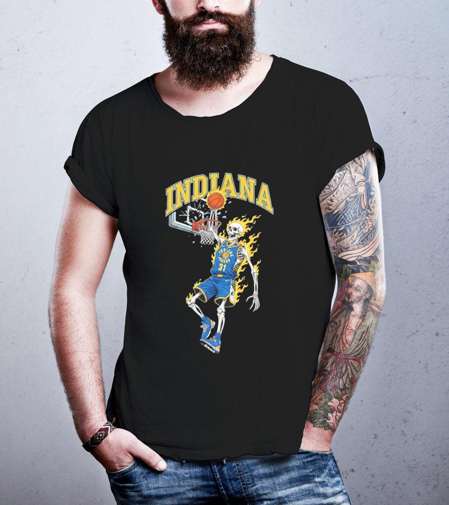 Indiana Pacers Skeleton Basketball Dunk In Flames T-Shirt