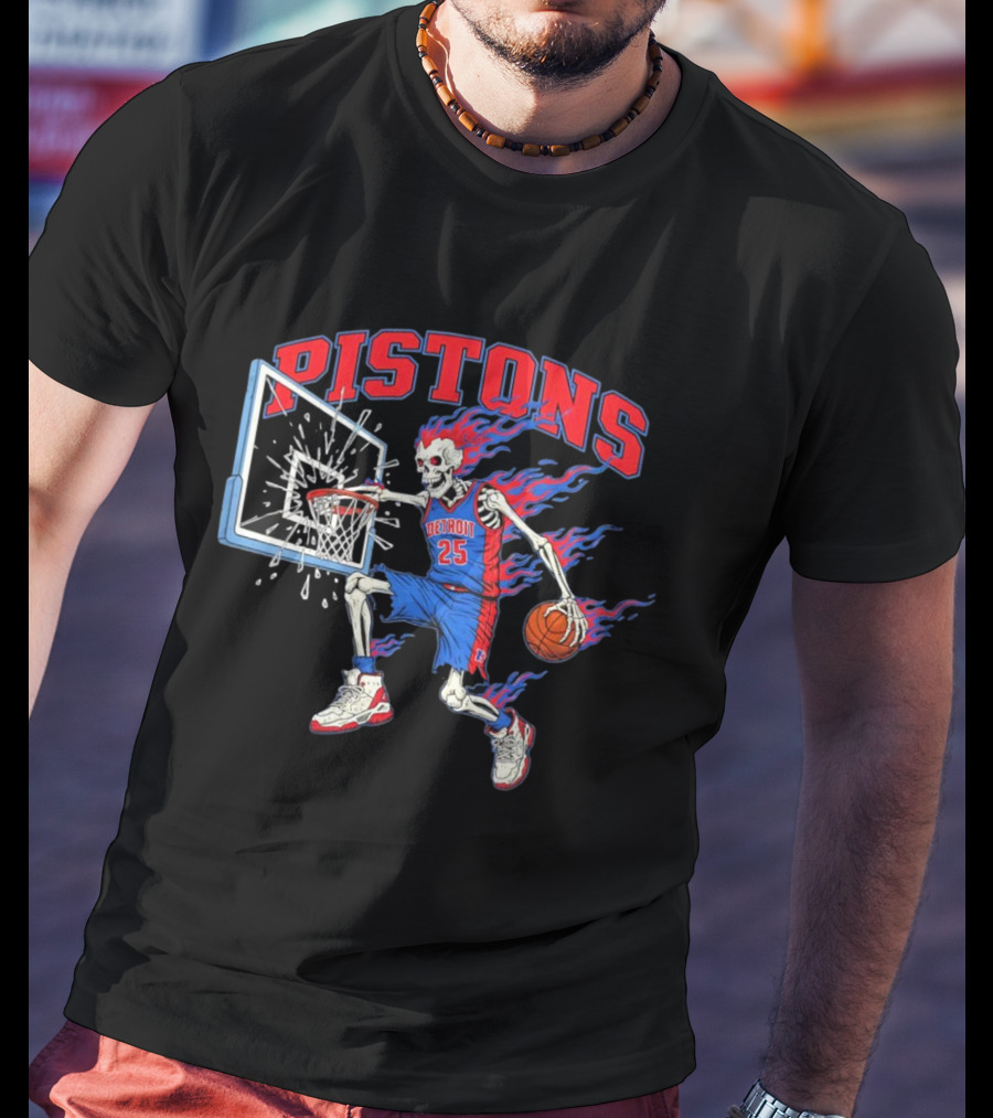 Detroit Pistons Skeleton Basketball Player With Flame Hair Dunking T-Shirt