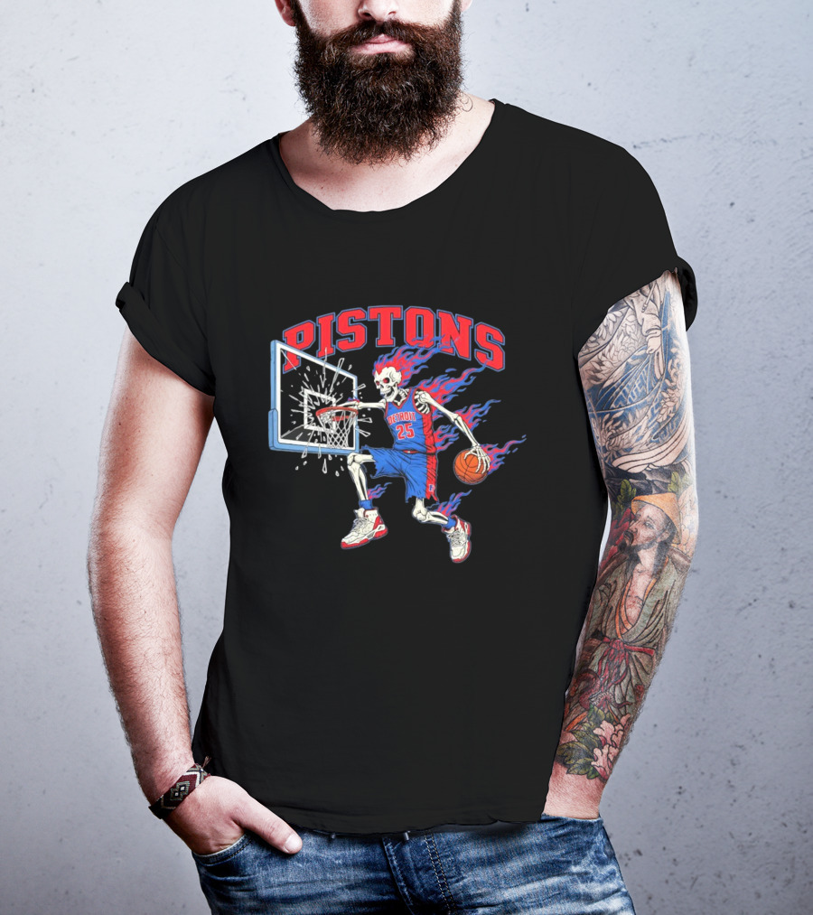 Detroit Pistons Skeleton Basketball Player With Flame Hair Dunking T-Shirt