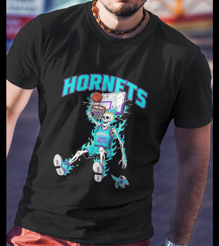 Charlotte Hornets Skeleton Dunking Basketball Retro Style Flame T-Shirt