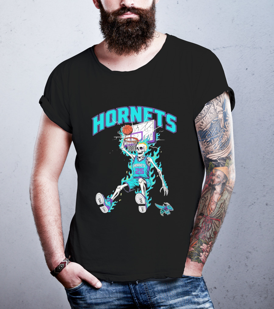 Charlotte Hornets Skeleton Dunking Basketball Retro Style Flame T-Shirt