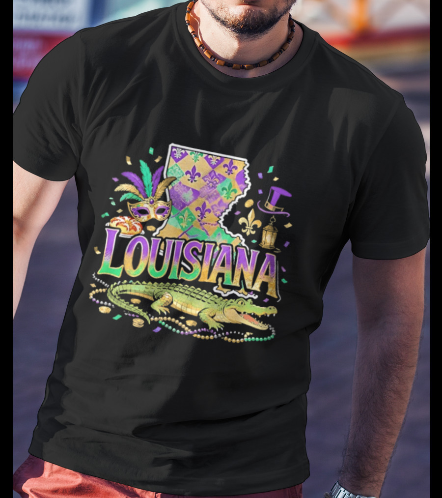Louisiana Mardi Gras Alligator Carnival Mask Beads Fleur De Lis Lantern T-Shirt