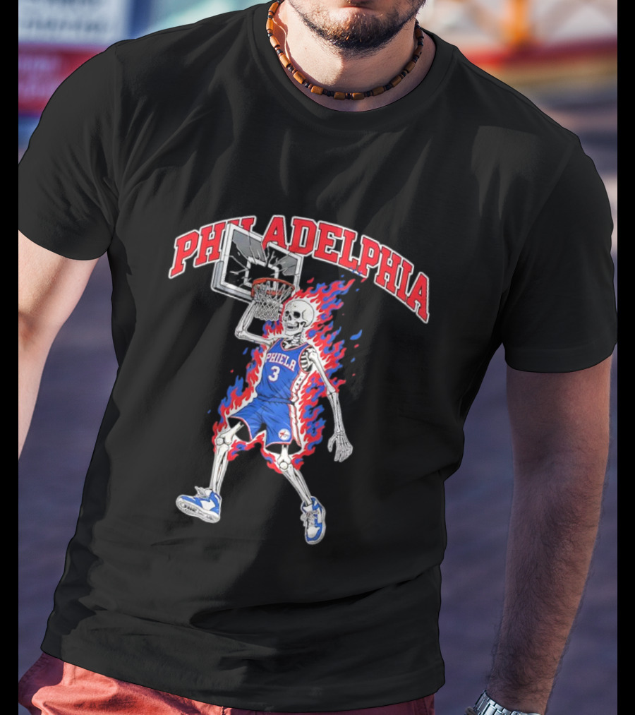 Philadelphia 76ers Skeleton Dunking Basketball Player In Flames T-Shirt