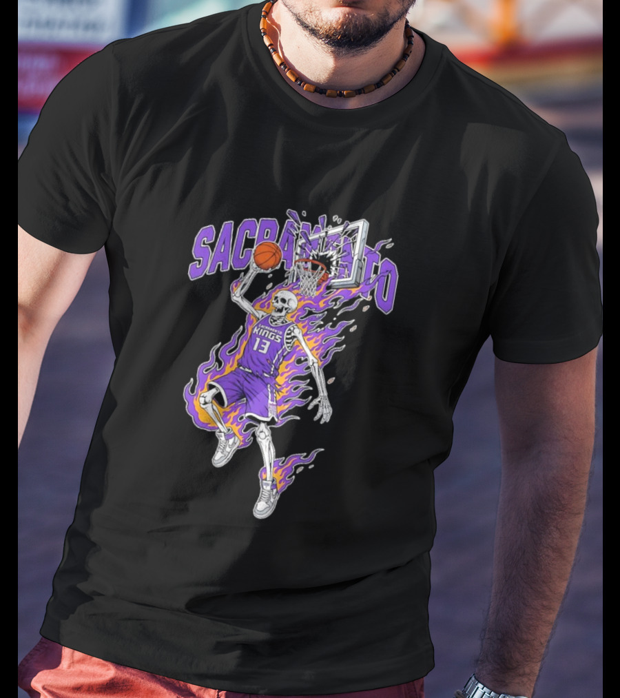 Sacramento Kings Skeleton Basketball Player Flames Sports Team T-Shirt