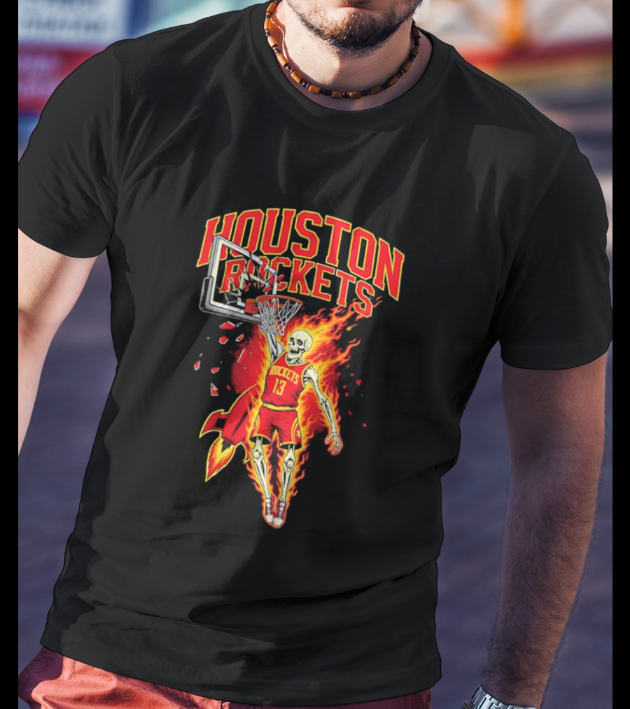 Houston Rockets Basketball Flaming Skeleton Player Dunking T-Shirt