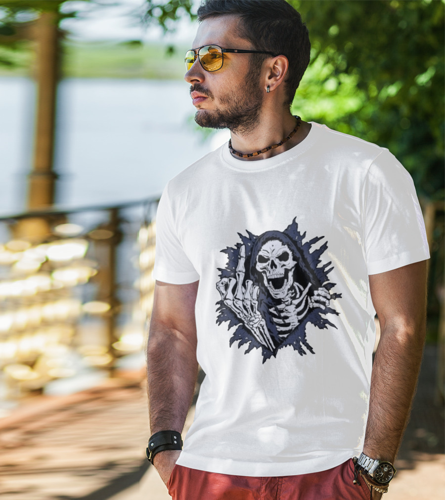 Worry Club Bone Daddy Skeleton Middle Finger Grinning Reaper T-Shirt