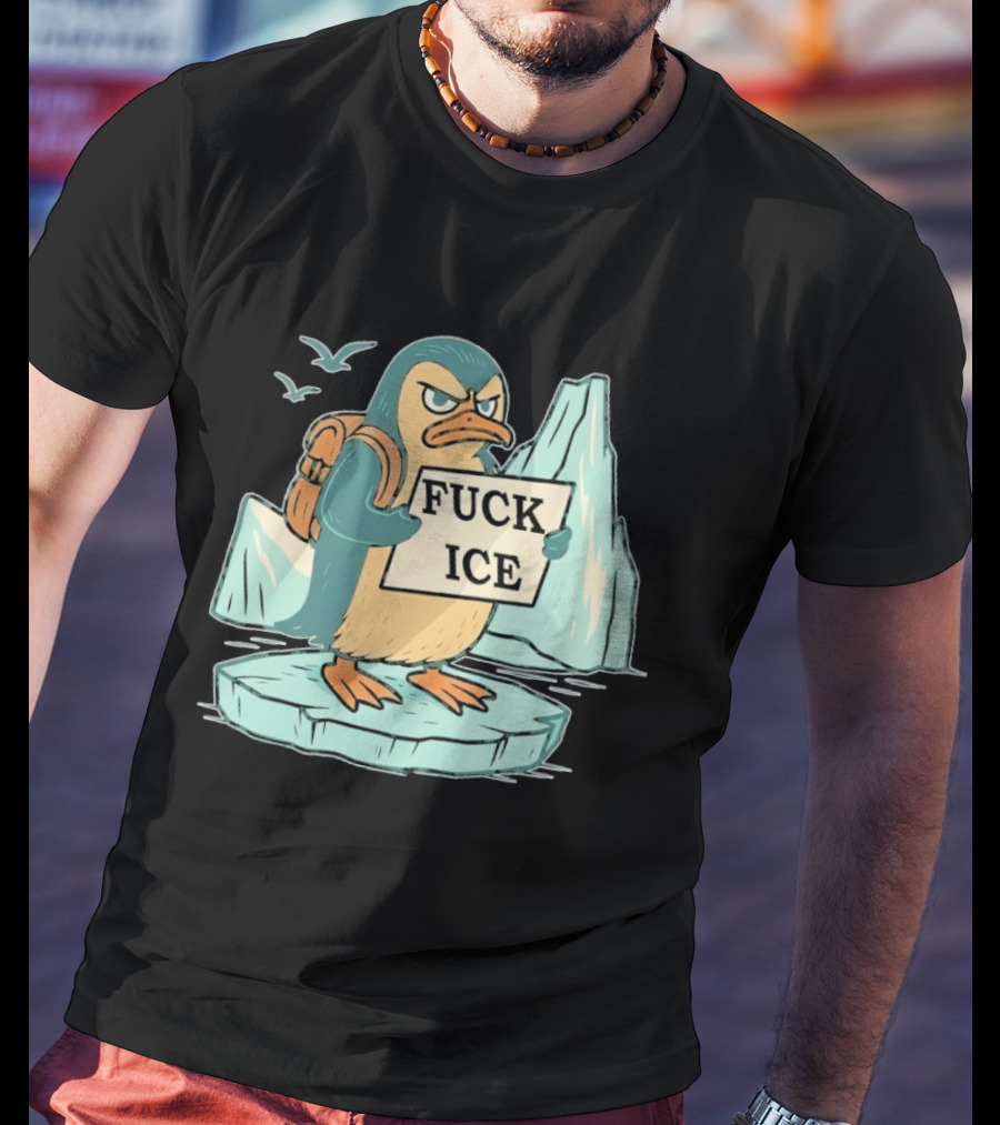 Angry Penguin Holding Sign On Iceberg With Birds In Background T-Shirt