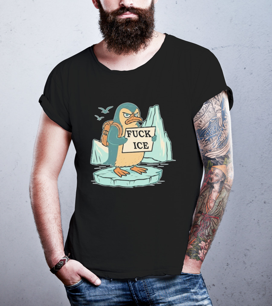 Angry Penguin Holding Sign On Iceberg With Birds In Background T-Shirt